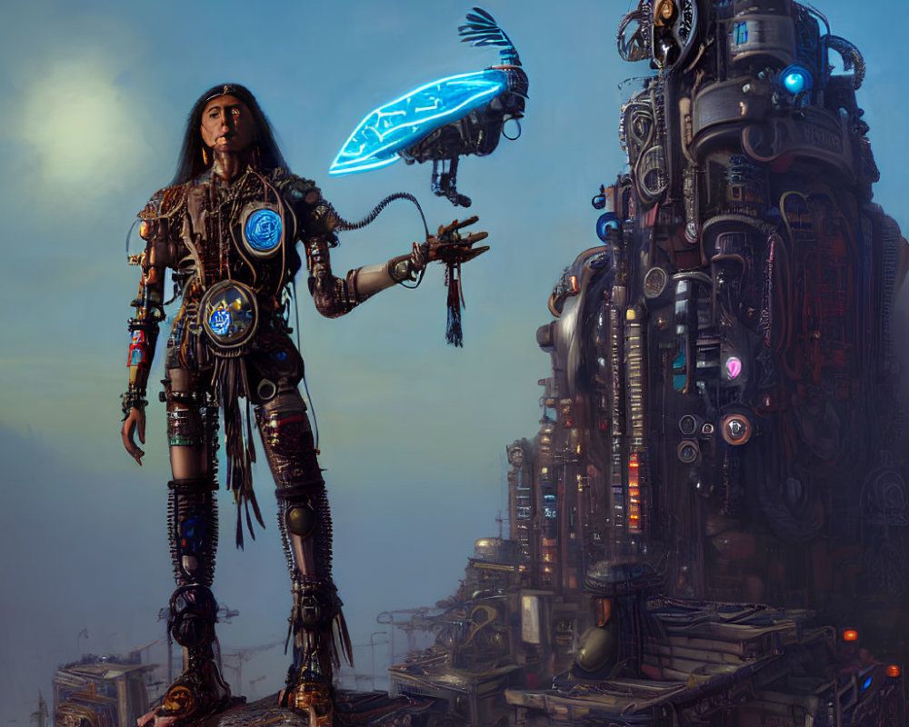 Female warrior with cybernetic enhancements in tribal attire against industrial cityscape with blue shield