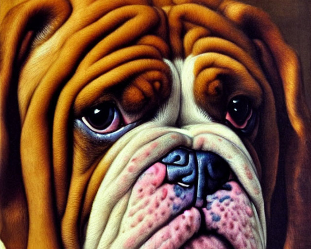 Detailed painting of brown and white English Bulldog with deep wrinkles and soulful eyes