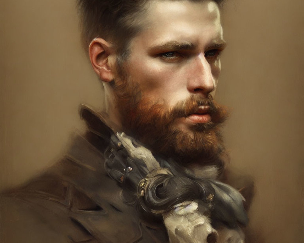 Intense man portrait with beard and steampunk glove