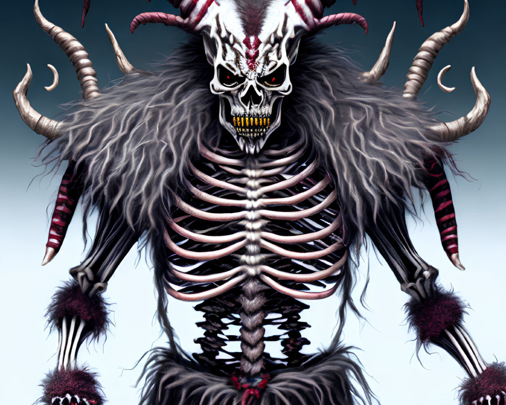 Fantastical creature with striped horns, skeletal torso, and fur.