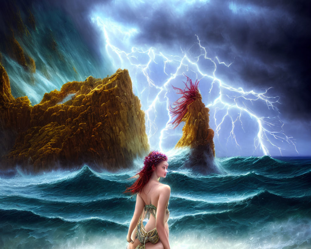 Woman sitting on rock by stormy sea with lightning and dramatic cliffs in background