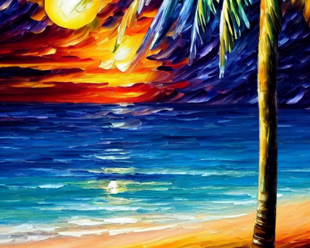 Colorful Beach Painting with Palm Tree and Sunset Sky