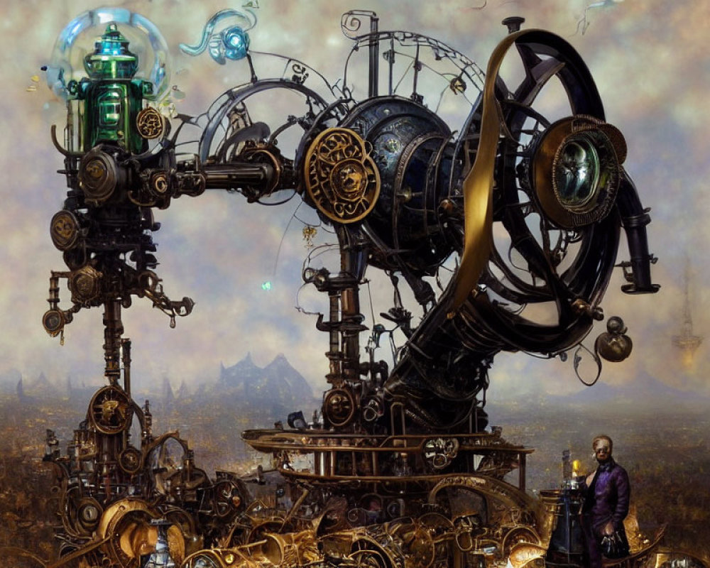 Intricate steampunk machine with glowing green chamber and person at control panels
