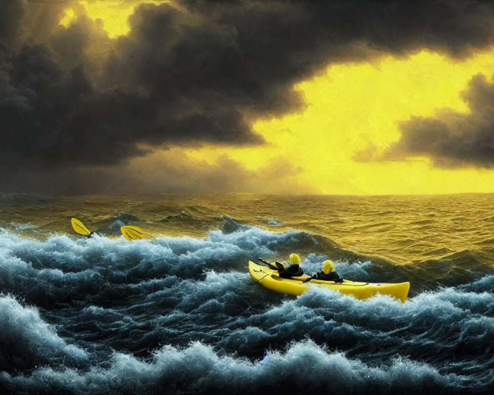 Kayakers in Stormy Ocean Waves with Golden Sun