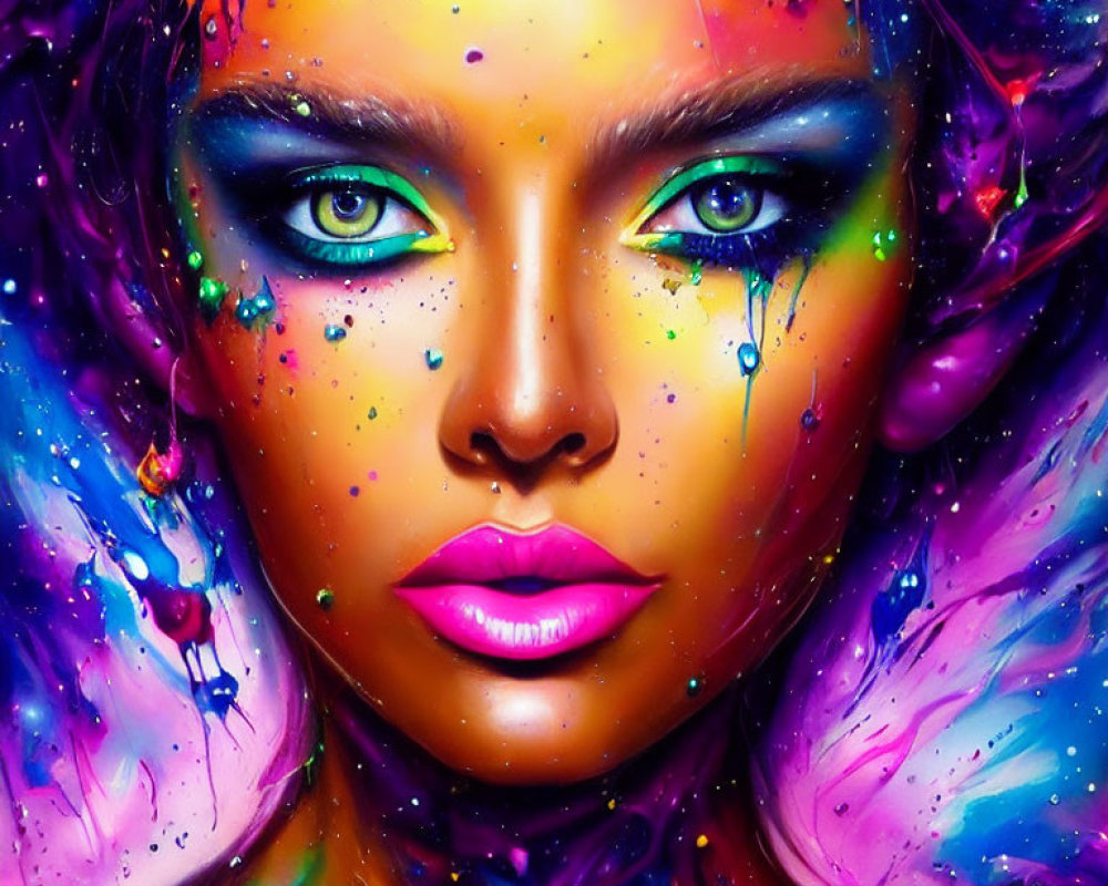 Colorful Portrait with Intense Green Eyes and Pink Lips