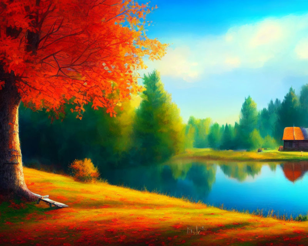 Tranquil autumn landscape with orange tree, lake, wooden house, and forest.