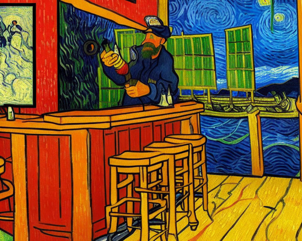 Van Gogh-inspired painting of bartender in swirling colors