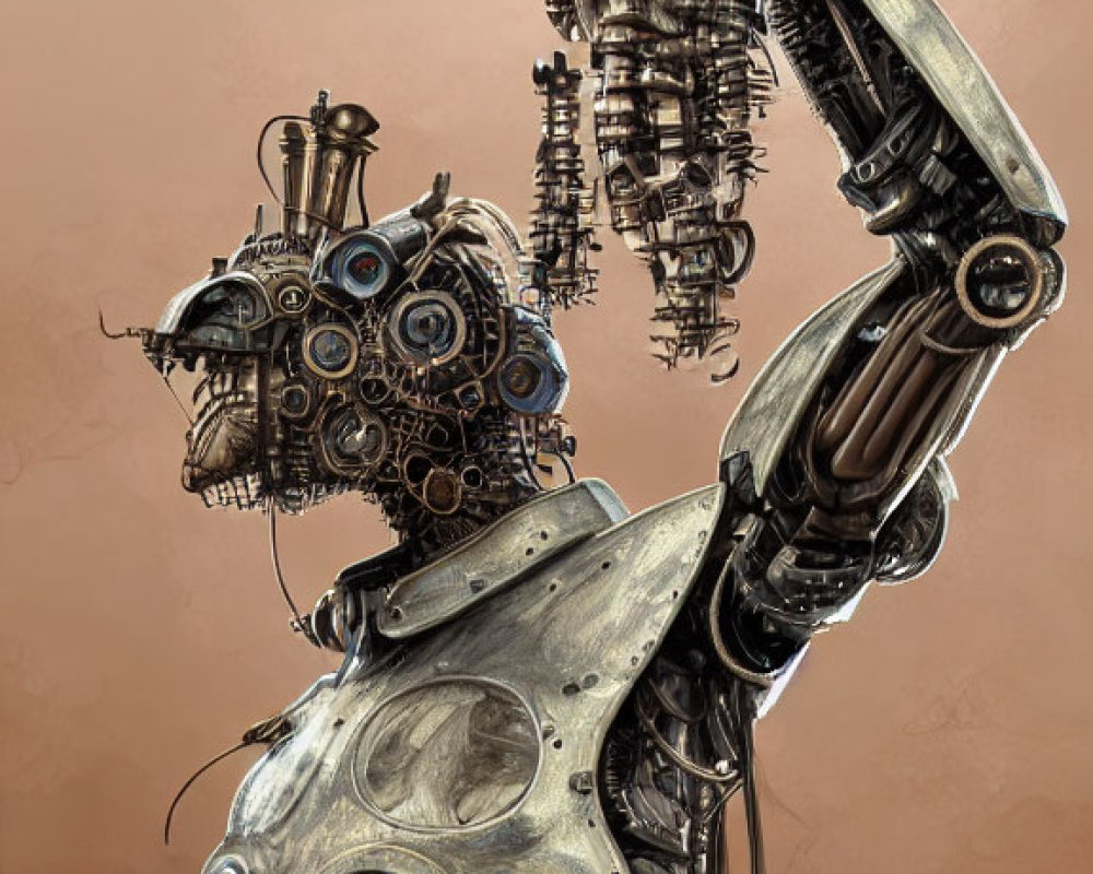 Mechanical humanoid robots artwork with gears and wires on sepia backdrop