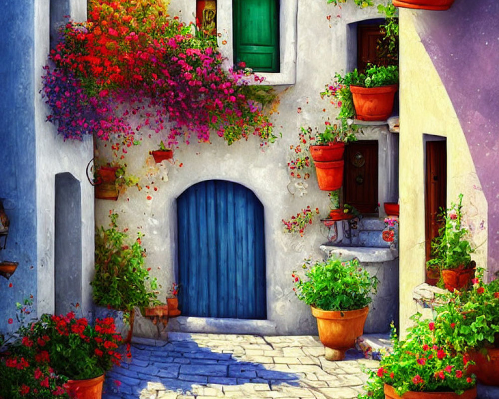 Colorful Flower-Lined Alleyway with Cobblestone Path