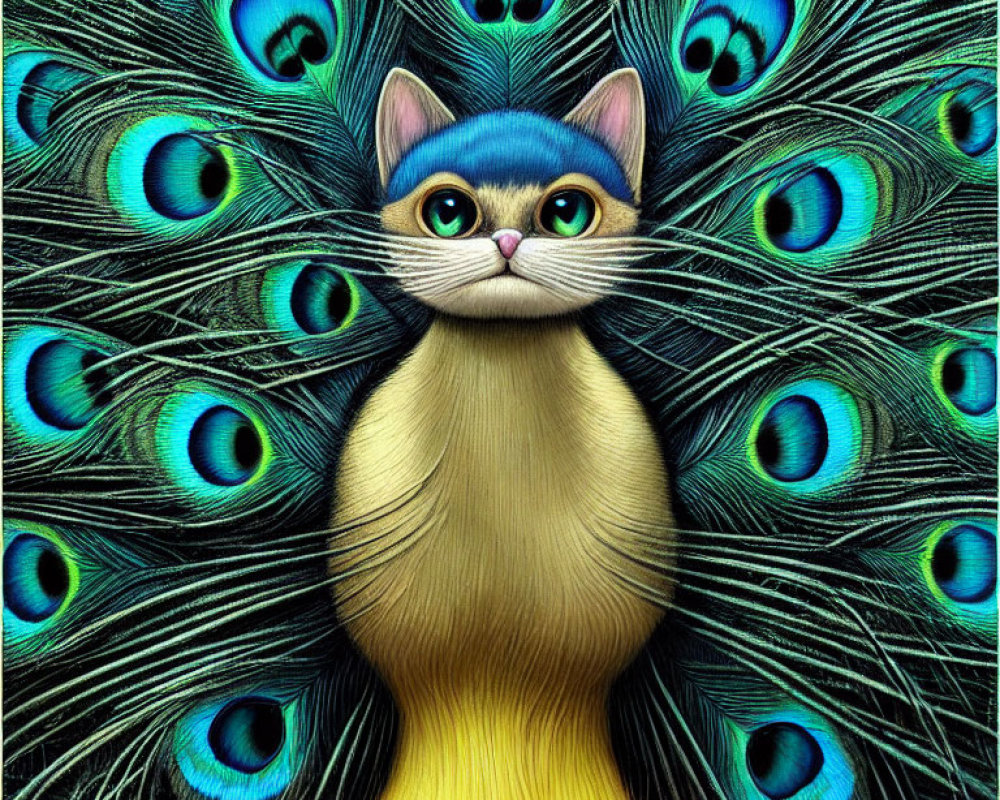 Colorful Cat Illustration with Peacock Feathers Pattern