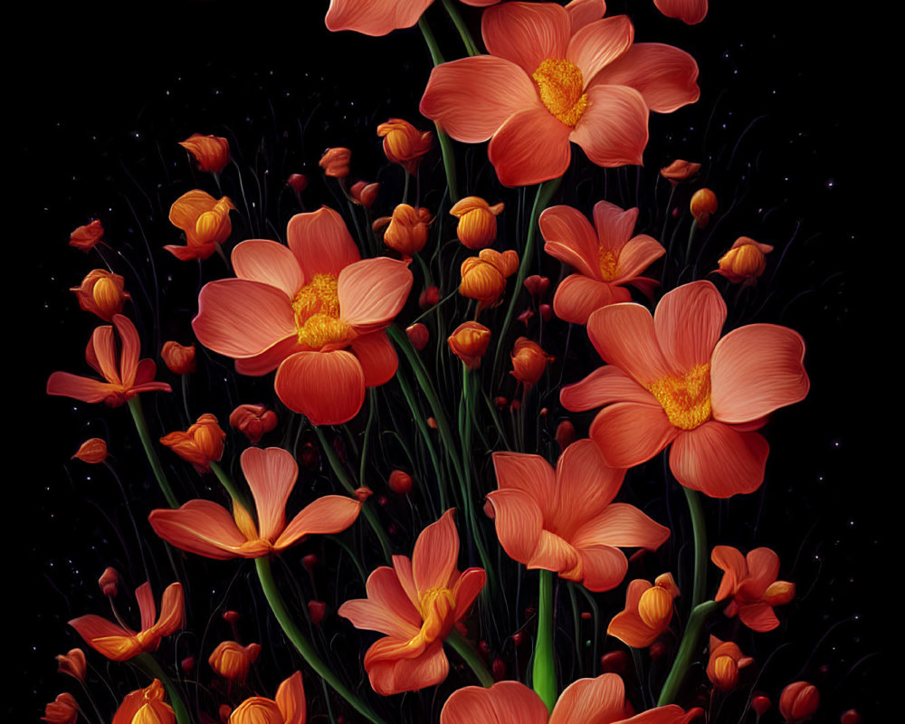 Orange Flowers Blooming in Night Sky with Crescent Moon