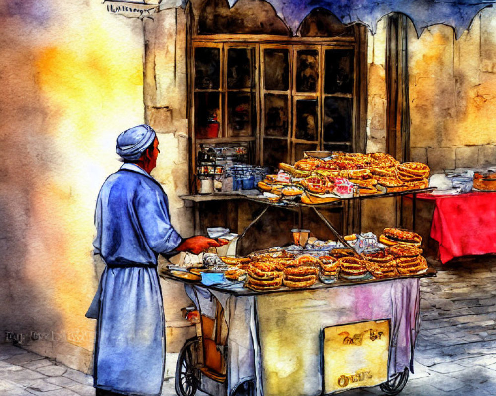 Colorful Watercolor Painting of Street Vendor with Pretzel Cart in Sunlit Alley
