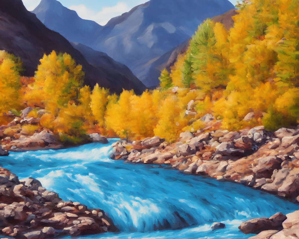Colorful mountain landscape with blue river and autumn trees.