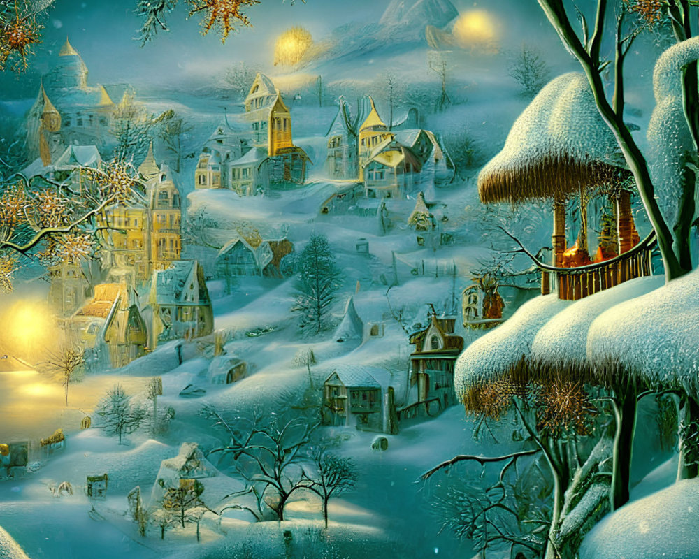 Snow-covered cottages in a whimsical winter village scene