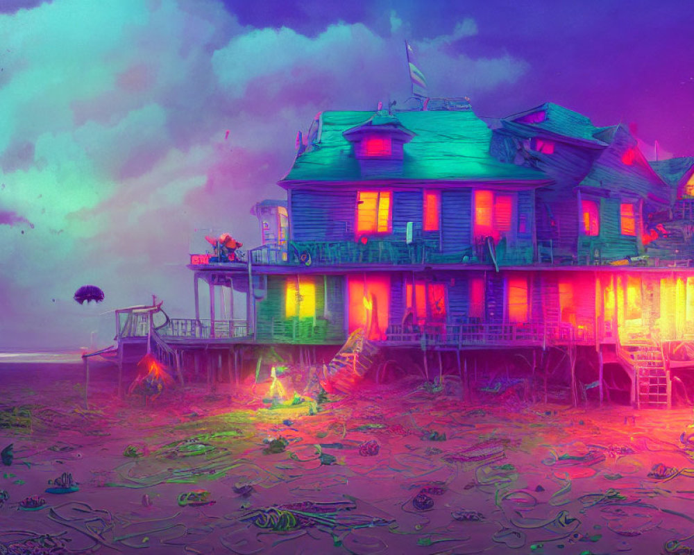 Whimsical Beach House at Dusk with Neon Lights