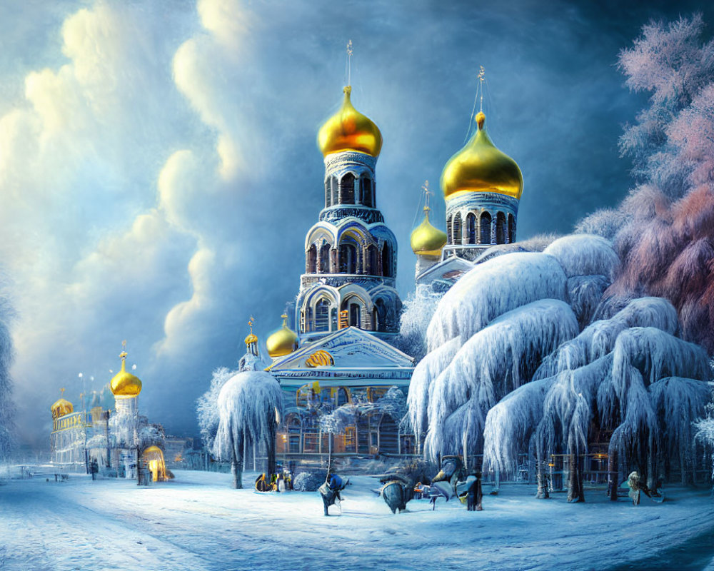 Majestic cathedral with golden domes in winter landscape with wolves