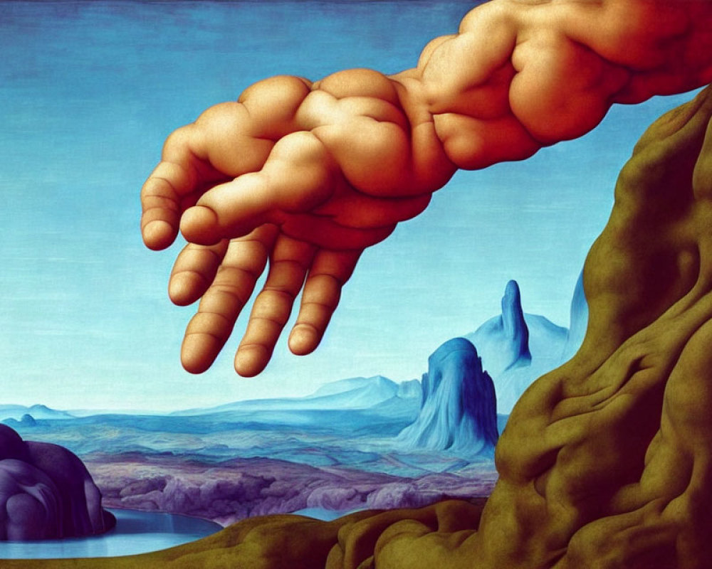 Surreal painting of oversized, hyper-realistic hands above serene landscape