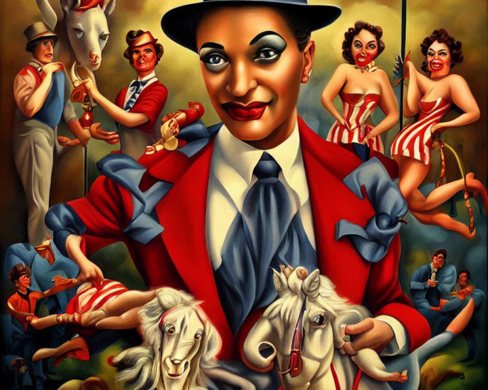 Colorful Circus Scene Painting with Ringmaster and Performers