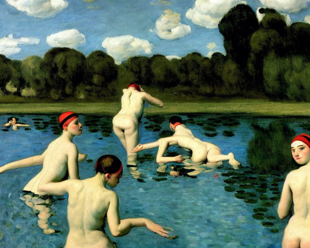 Impressionist painting of six nude figures bathing in serene river landscape