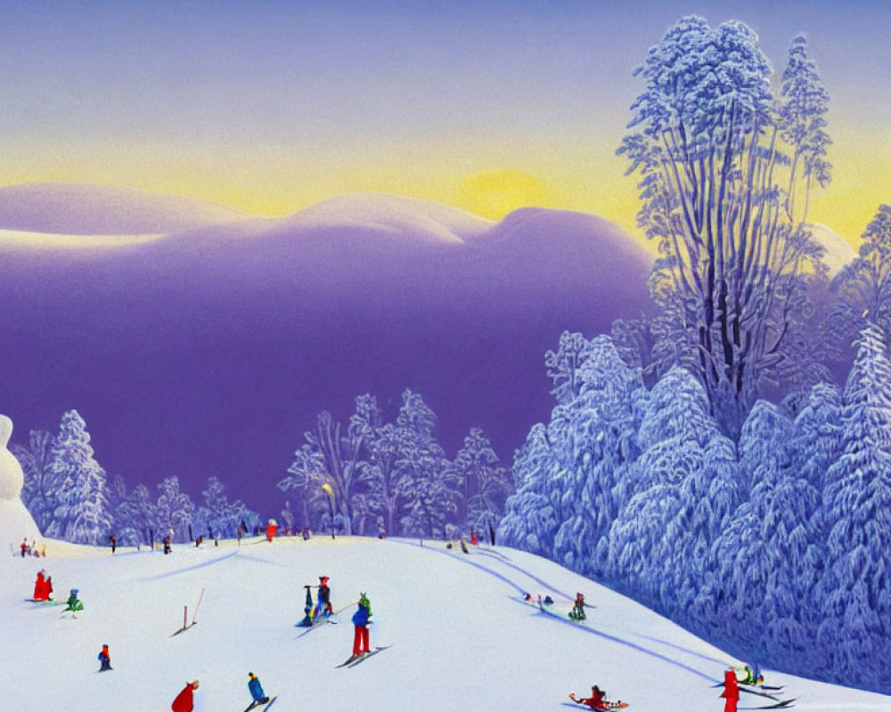 Snowy slope skiers with dense trees and purple mountains under clear sky