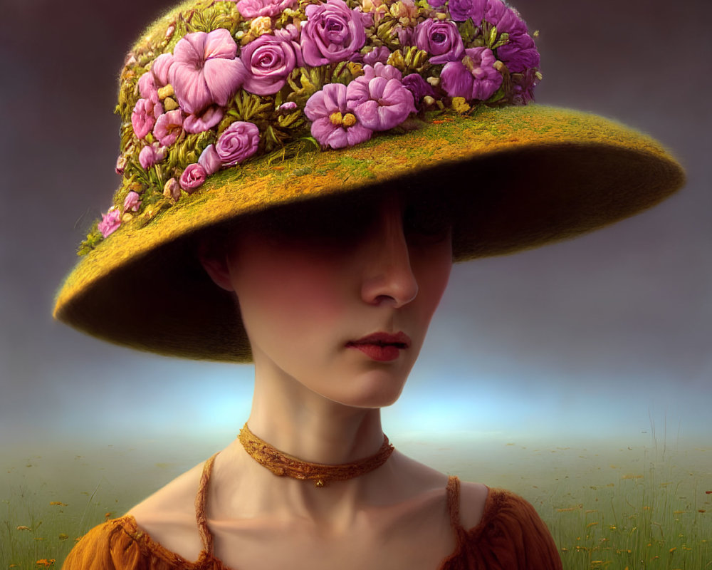 Serene woman in large brimmed hat with vivid flowers on dusky background