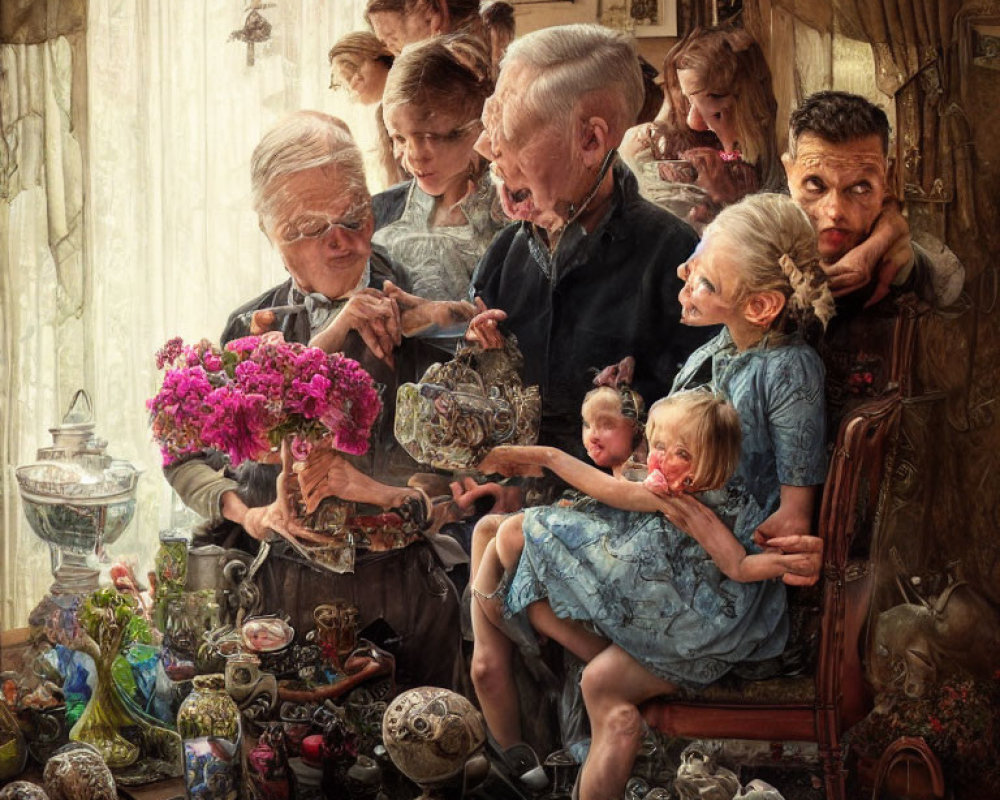 Detailed antique-filled room with smiling family and pink flower bouquet