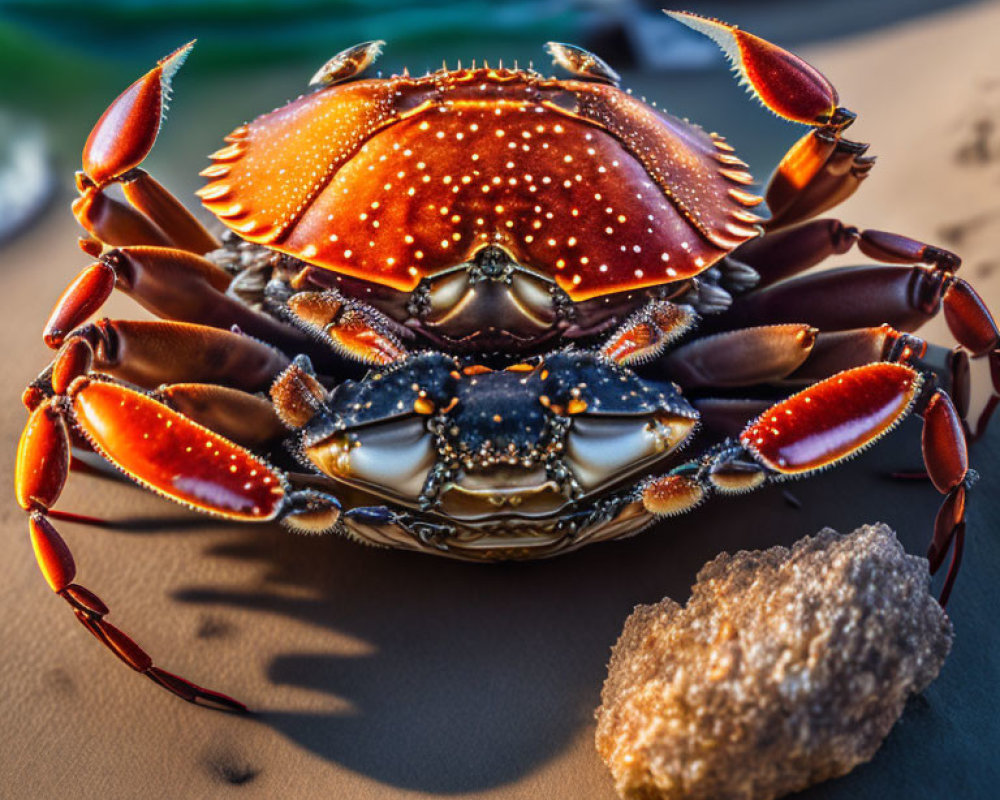 Colorful Crab with Orange Speckled Shell on Sandy Beach