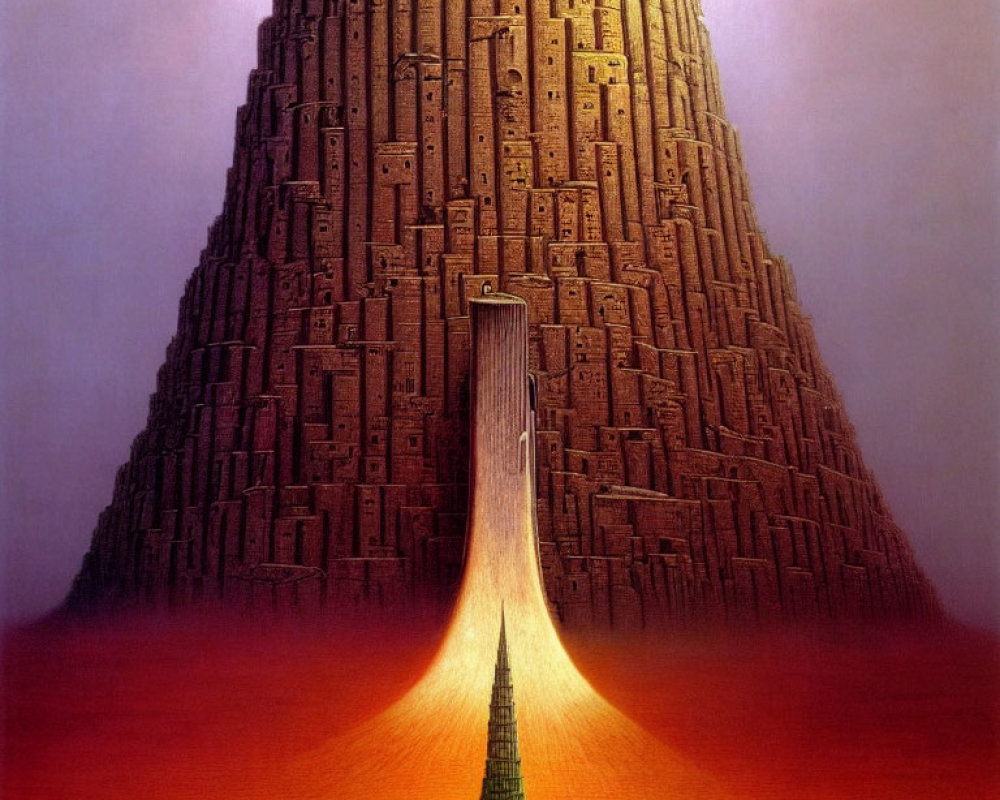 Surreal painting: Massive tower with illuminated doorway in desolate landscape