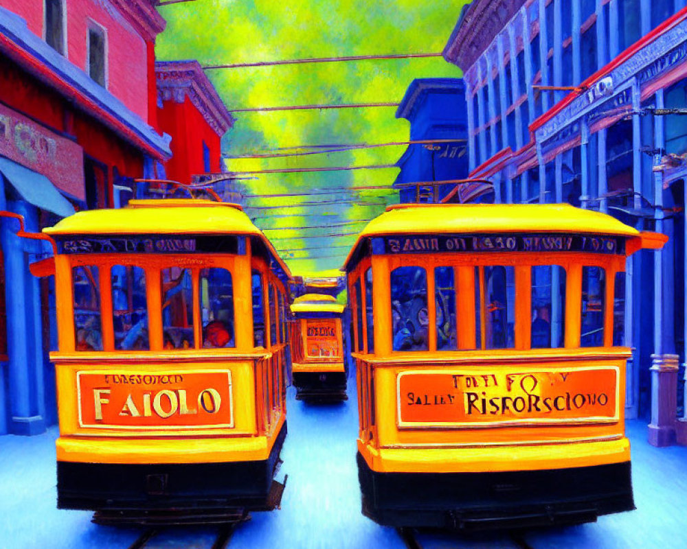 Colorful depiction of yellow trams on street with blue buildings under greenish-yellow sky