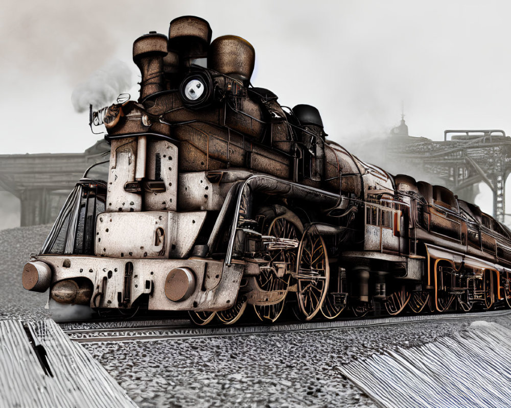 Detailed Steampunk-Style Animated Train on Tracks