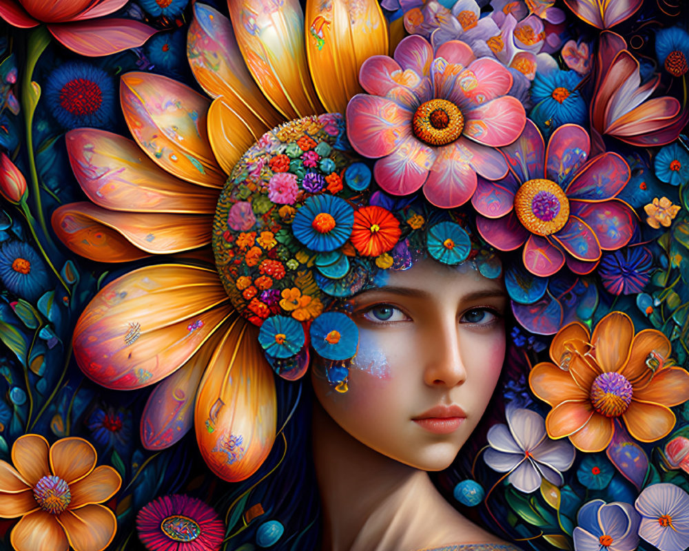 Detailed Woman Portrait with Flowers and Leaves in Hair - Rich Color Palette
