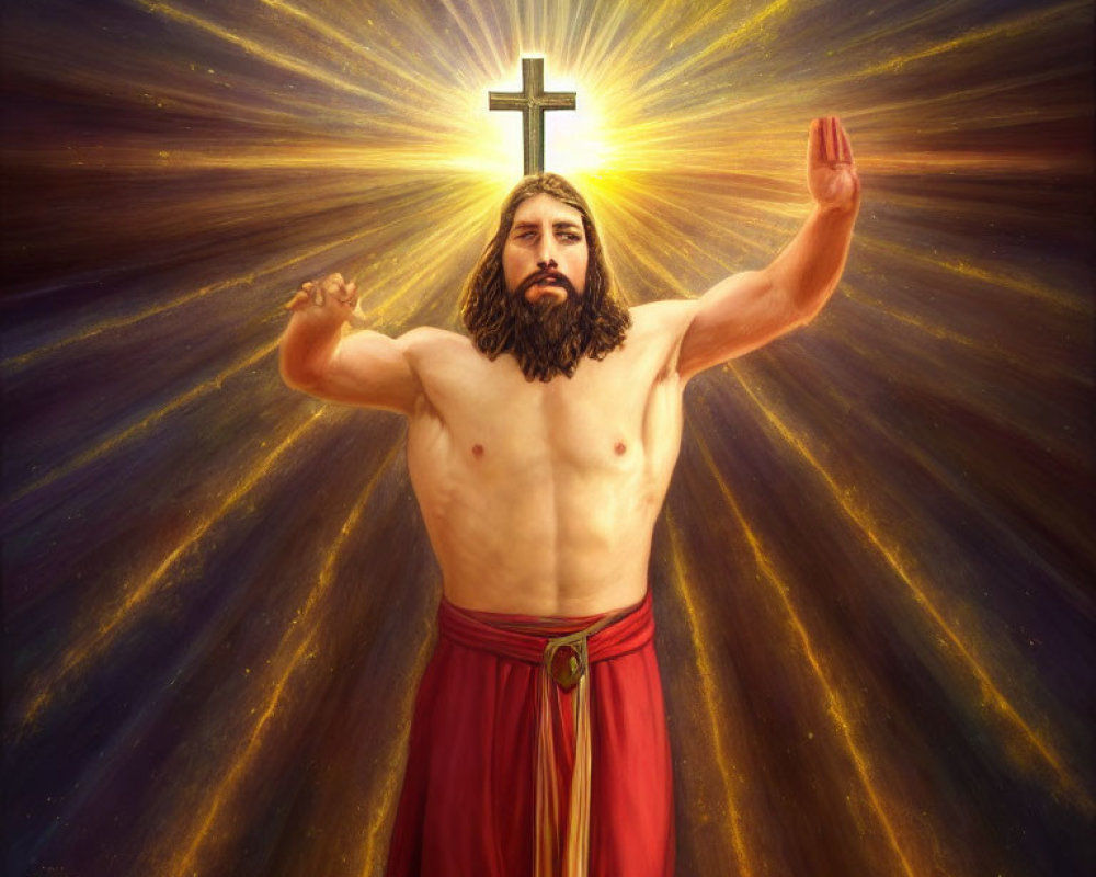Bearded man with long hair in red cloth, arms raised, radiant cross above.