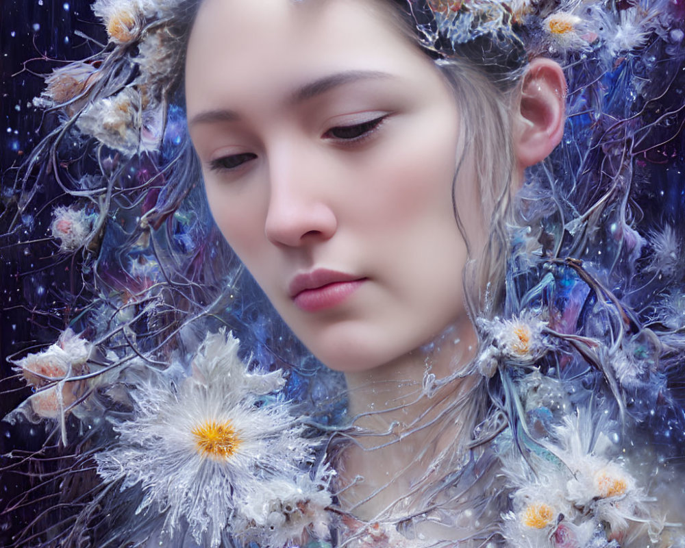 Woman with flower and ice headdress in starry setting