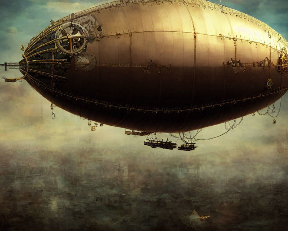 Steampunk-style airship over misty cityscape