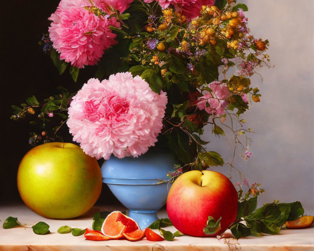 Bright Pink Peonies in Blue Vase with Fruits on Table