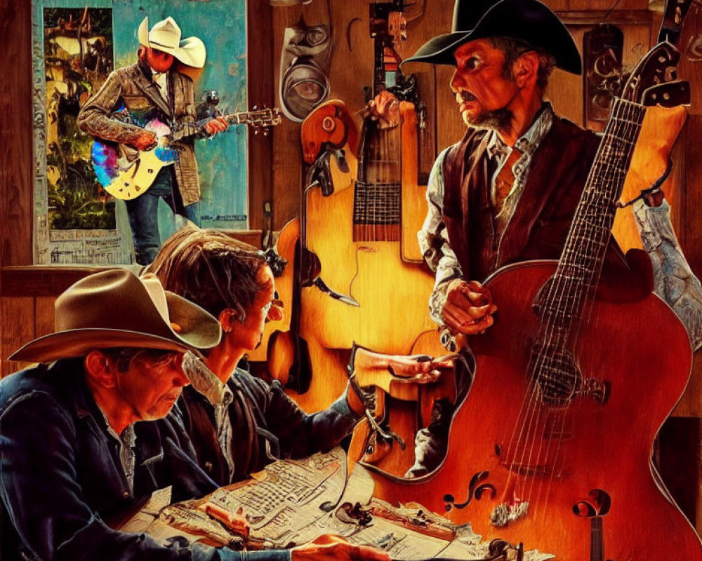 Colorful Western Scene with Four Individuals Playing Guitars and Examining Saddle