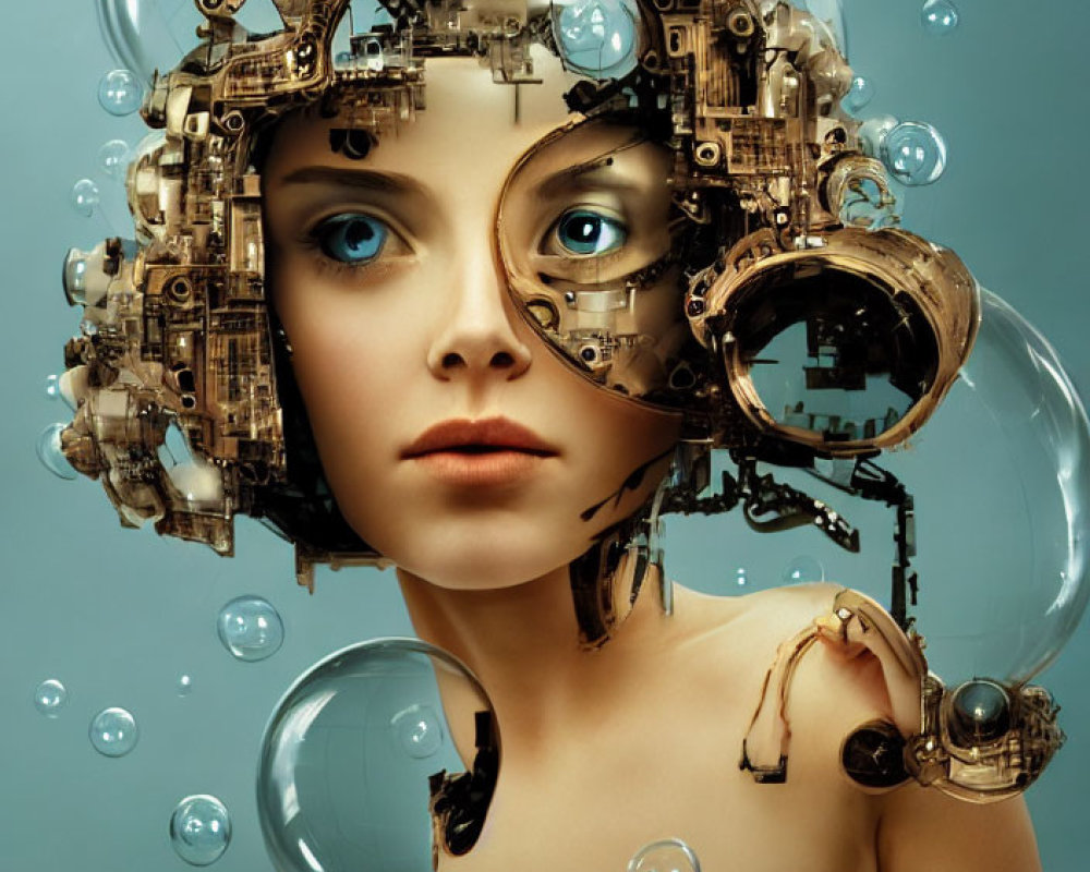 Female Figure with Mechanical Headpiece Surrounded by Bubbles on Teal Background