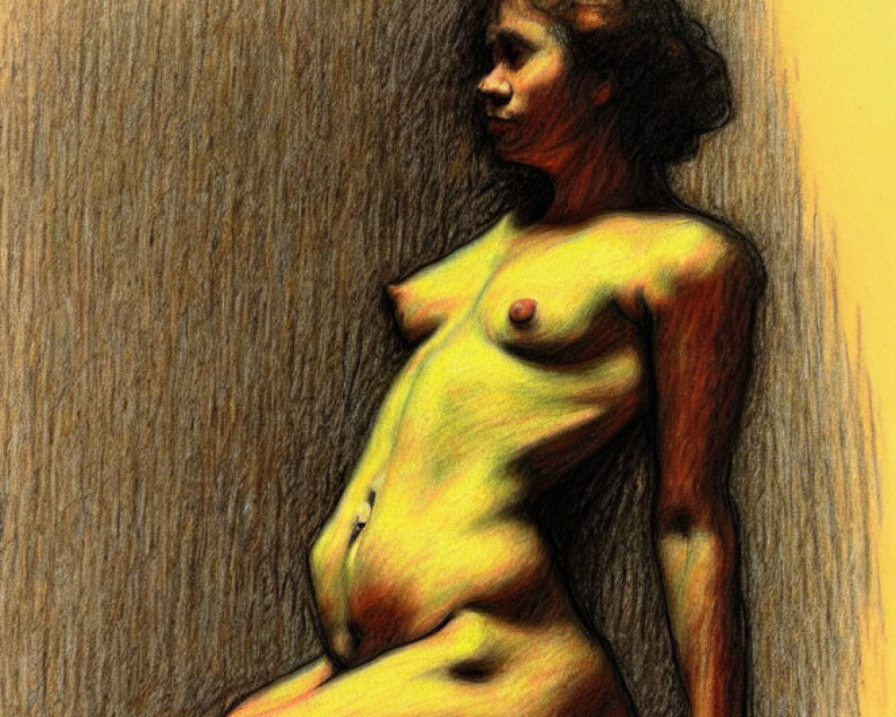 Seated nude female figure in colored pencil on textured paper