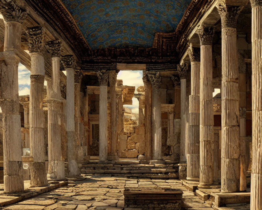 Ancient ruins with Corinthian columns and stone carvings under blue sky