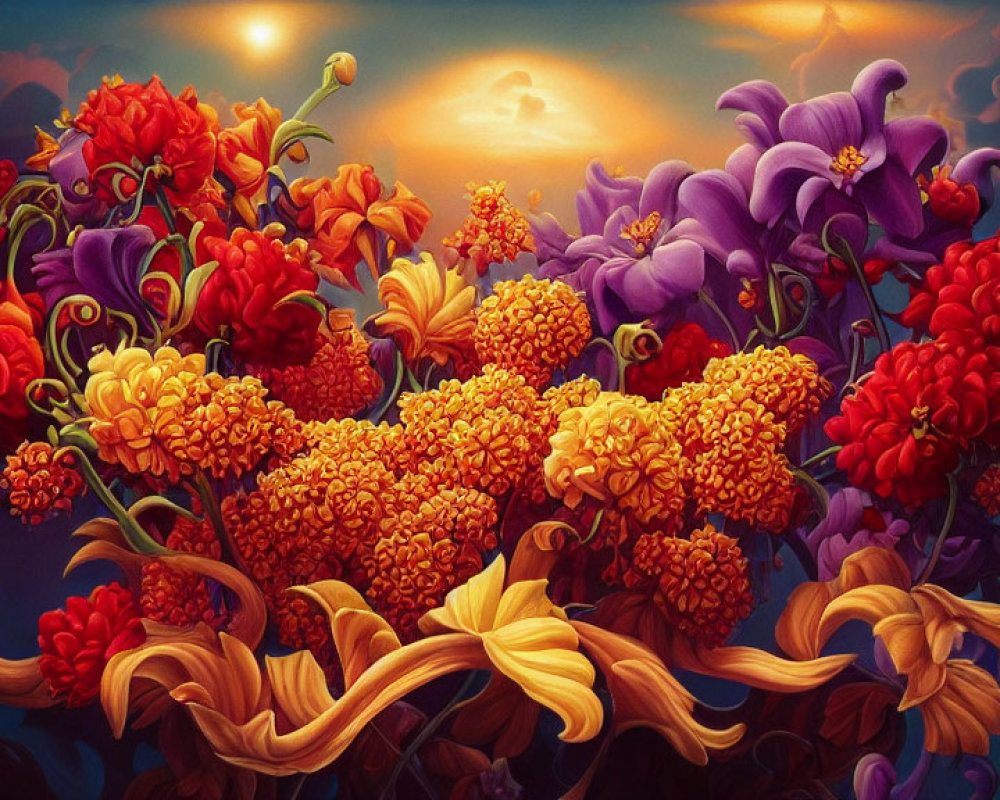Colorful Flower Painting with Twisting Stems Against Sunset Sky