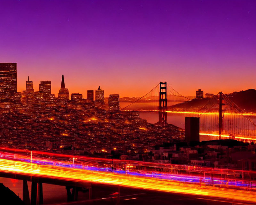 Cityscape with Golden Gate Bridge at Dusk and Light Trails