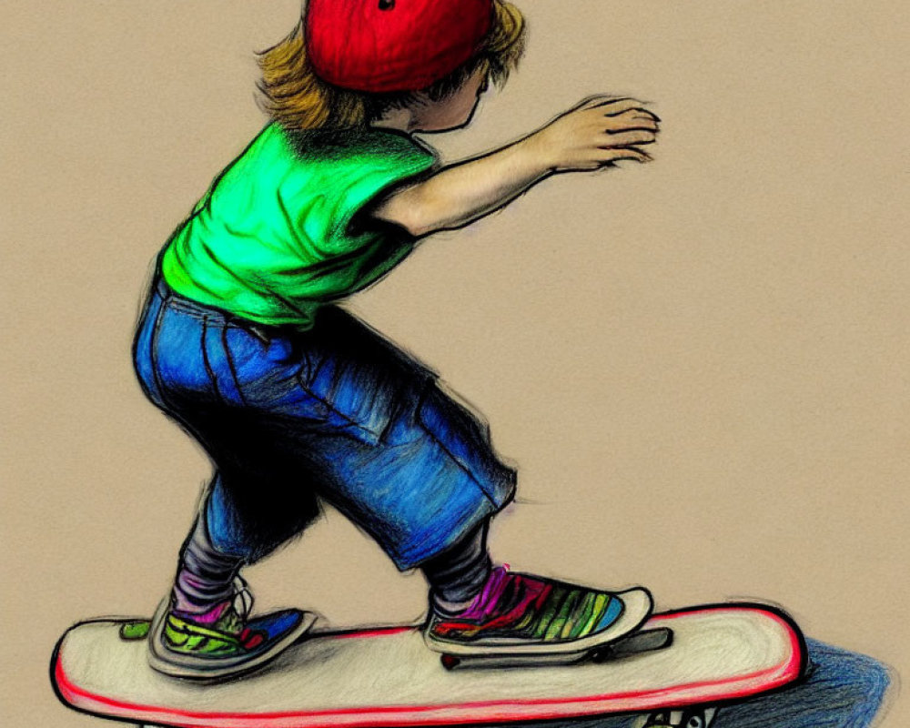 Child skateboarding sketch with red helmet in colored pencil