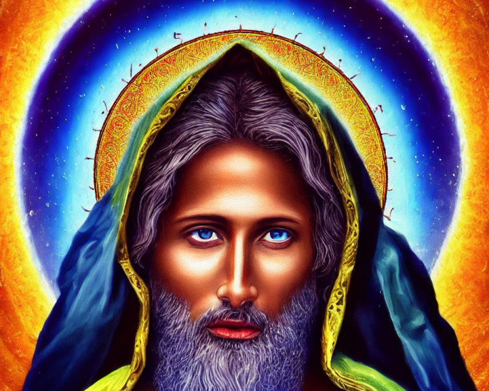 Colorful portrait of bearded individual with intense blue eyes in green and golden attire
