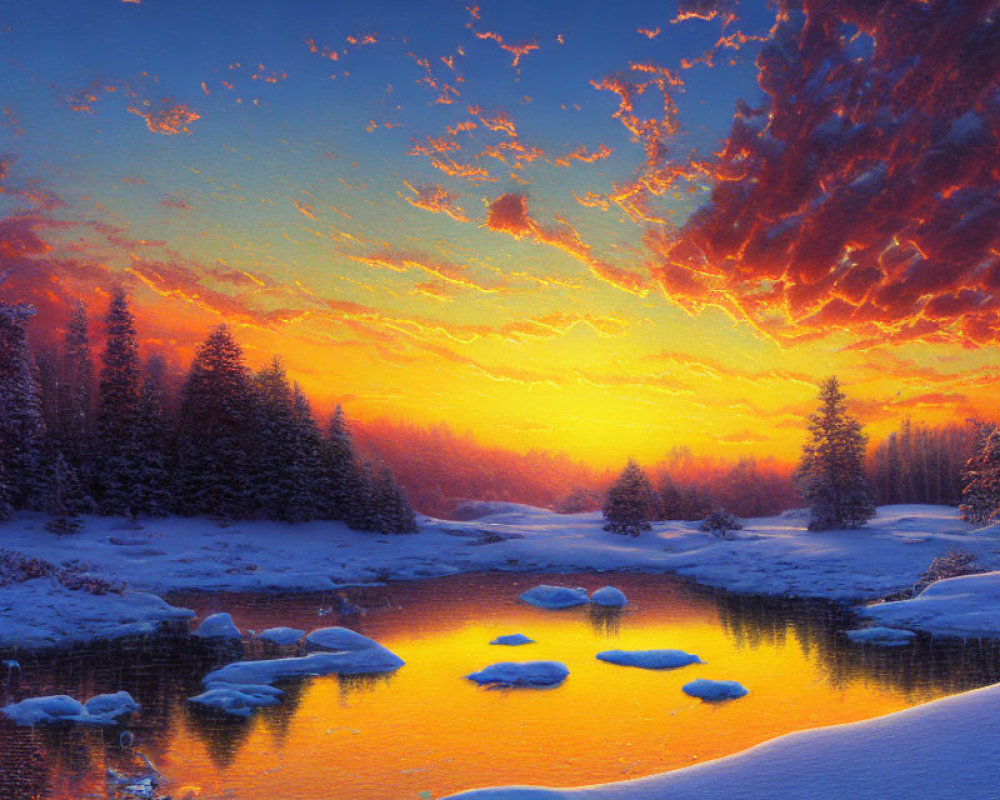 Winter sunset reflected in calm river surrounded by snow-covered landscape