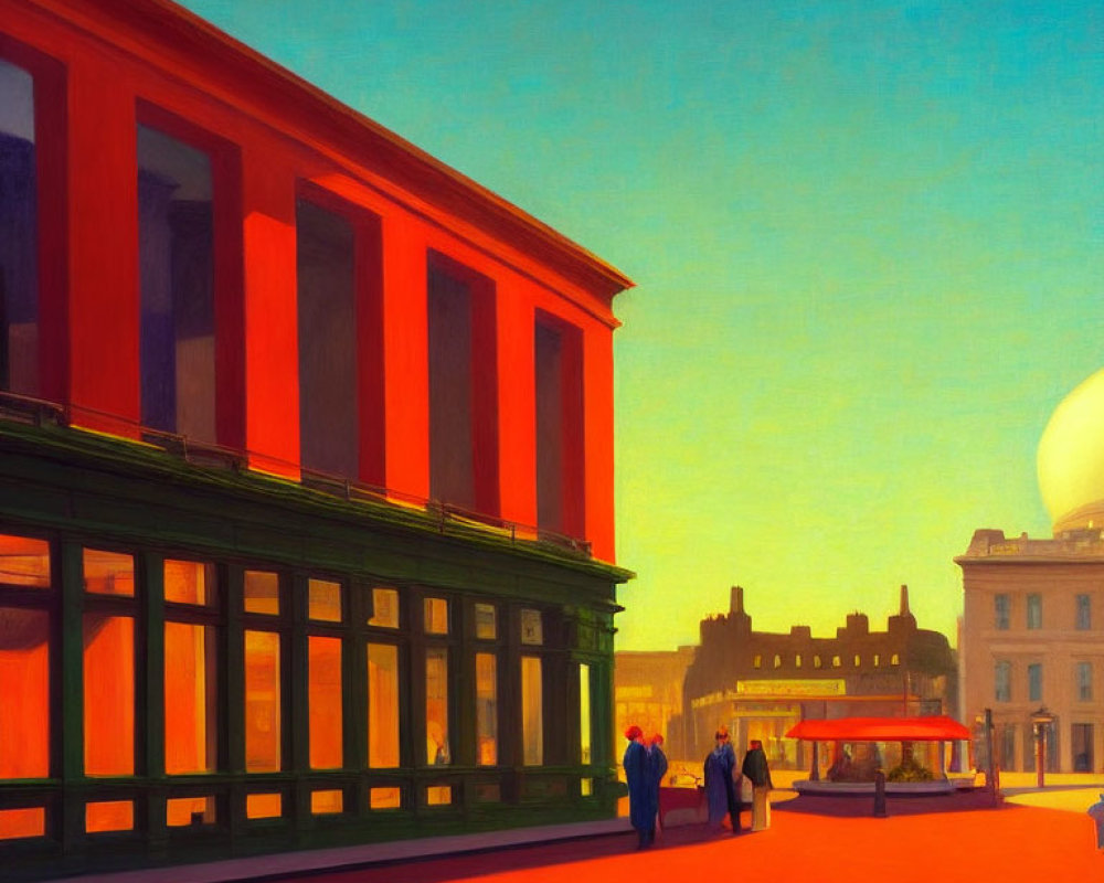 Colorful sunset painting of cityscape with red building and silhouetted figures