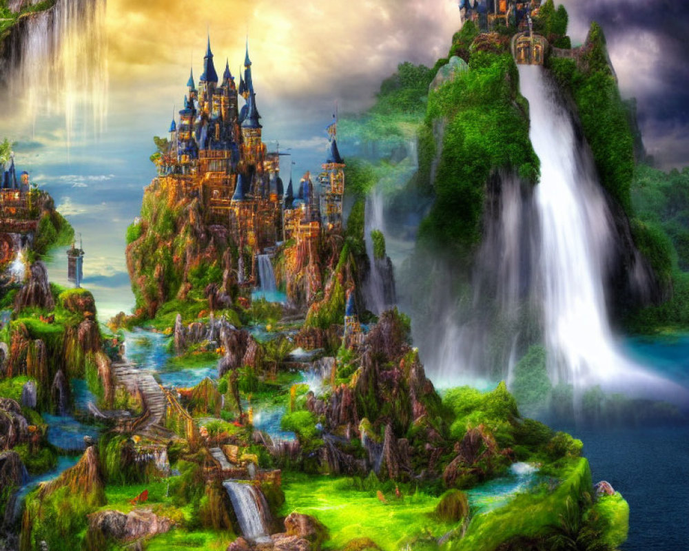 Fantasy landscape with greenery, waterfalls, castles, and dramatic sky