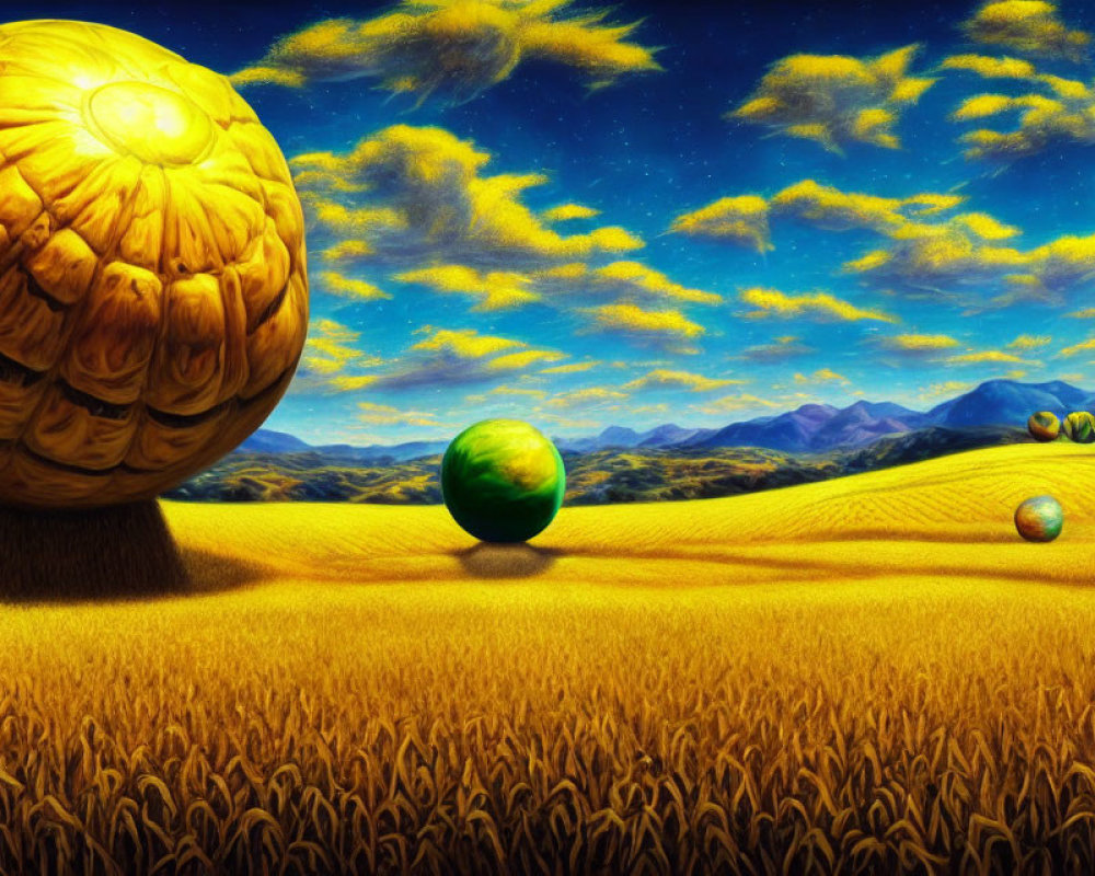 Surreal landscape with oversized fruits in golden wheat field