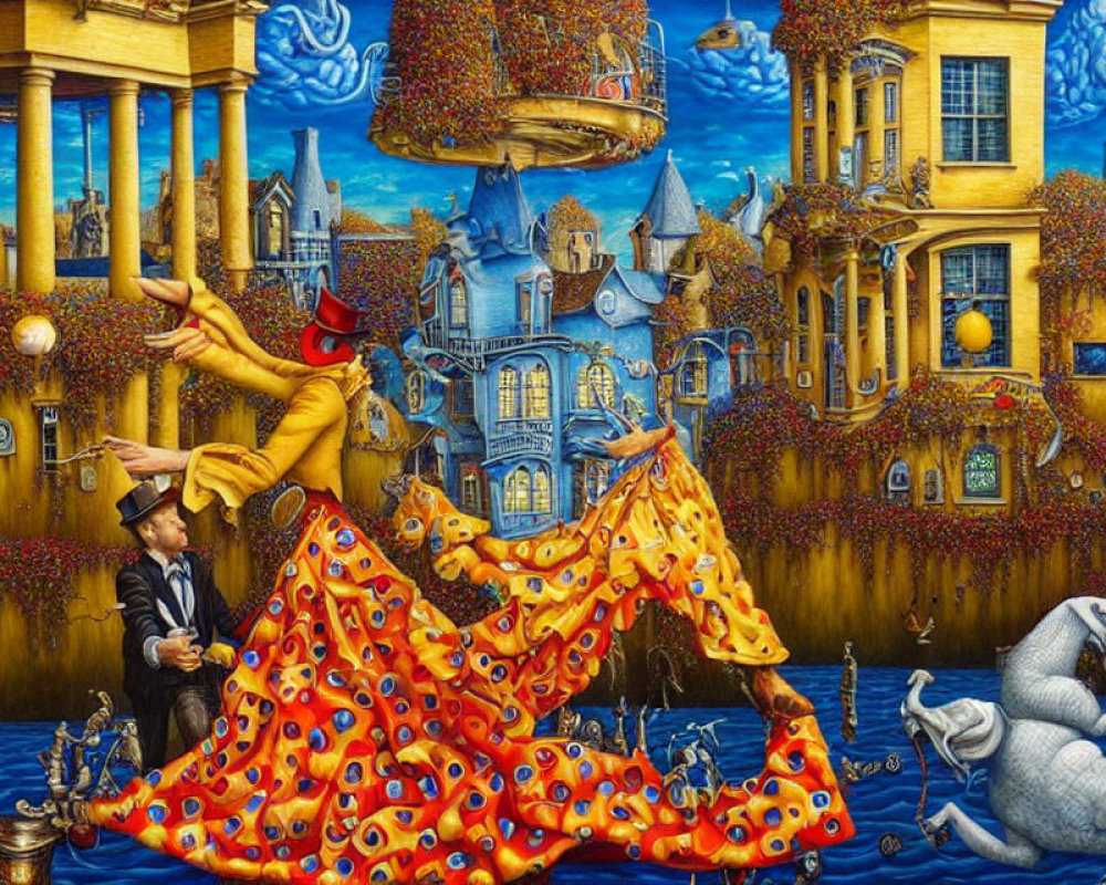 Vibrant surreal artwork: floating buildings, woman in flowy dress, men, fox head,