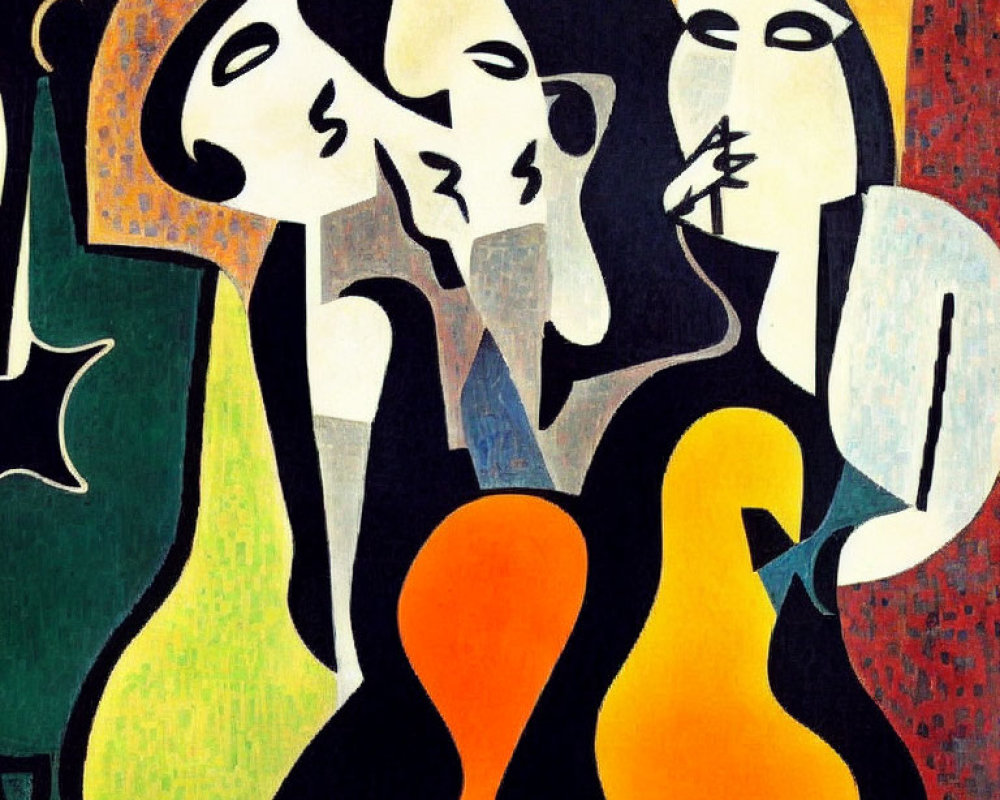 Abstract Painting: Stylized Figures in Orange, Green, Black & White