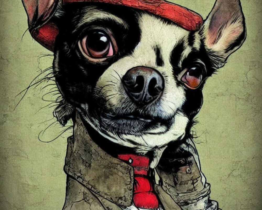 Dog with Human-Like Features in Red Beret and Coat Illustration